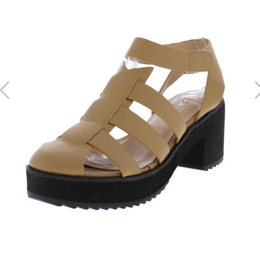 Tan Round Toe Caged Low Chunky Heels